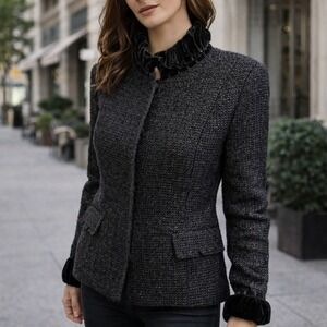 26 Spanner Black Semi Sparkly Bouclé Blazer with Ruffled Velvet Collar & Cuffs